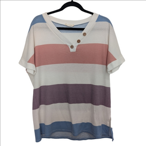 First Look Colorblock Striped Loose Fitting V-Neck with Side Buttons Top